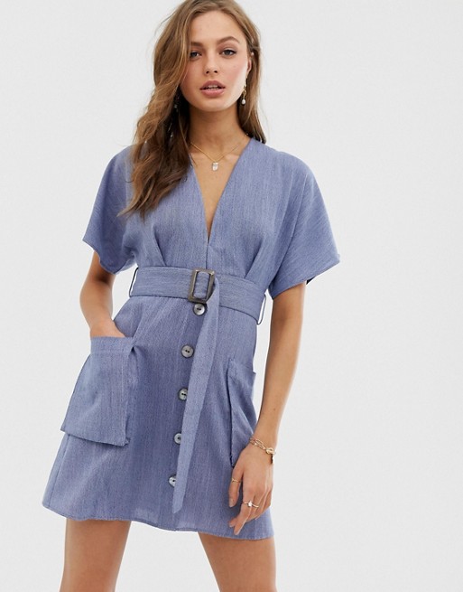 Moon River plunge dress with belt and pockets