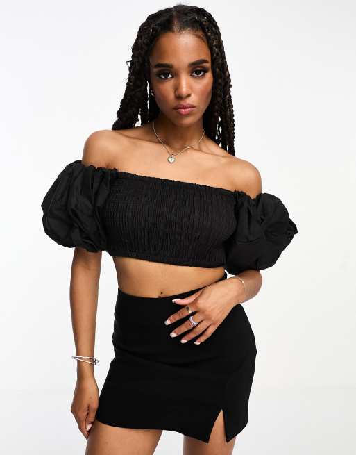 Moon River puff sleeve off the shoulder crop top in black