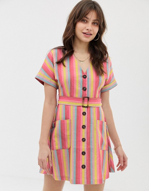 Moon River rainbow stripe skater dress with buton down front