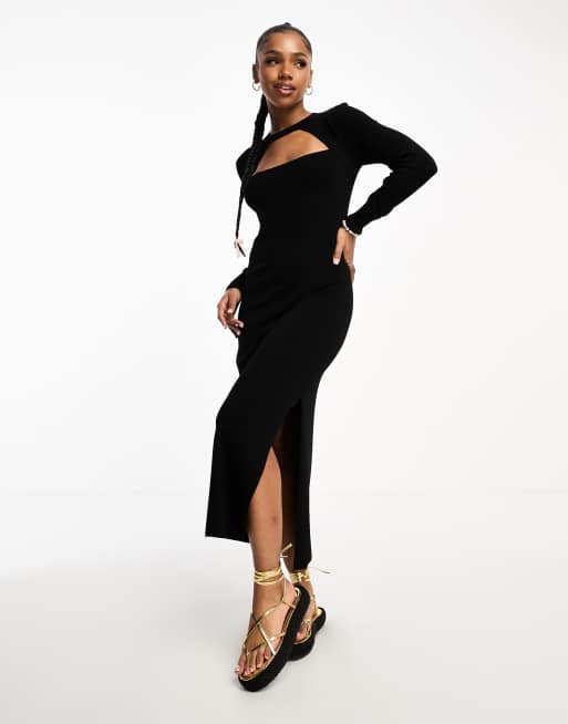 Black Ribbed Side Cut Out Long Sleeve Maxi Dress