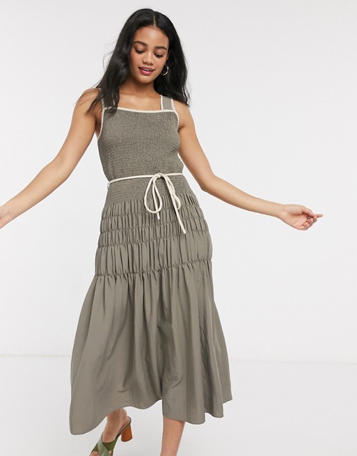 Moon River ruched midi dress with rope tie in dark olive