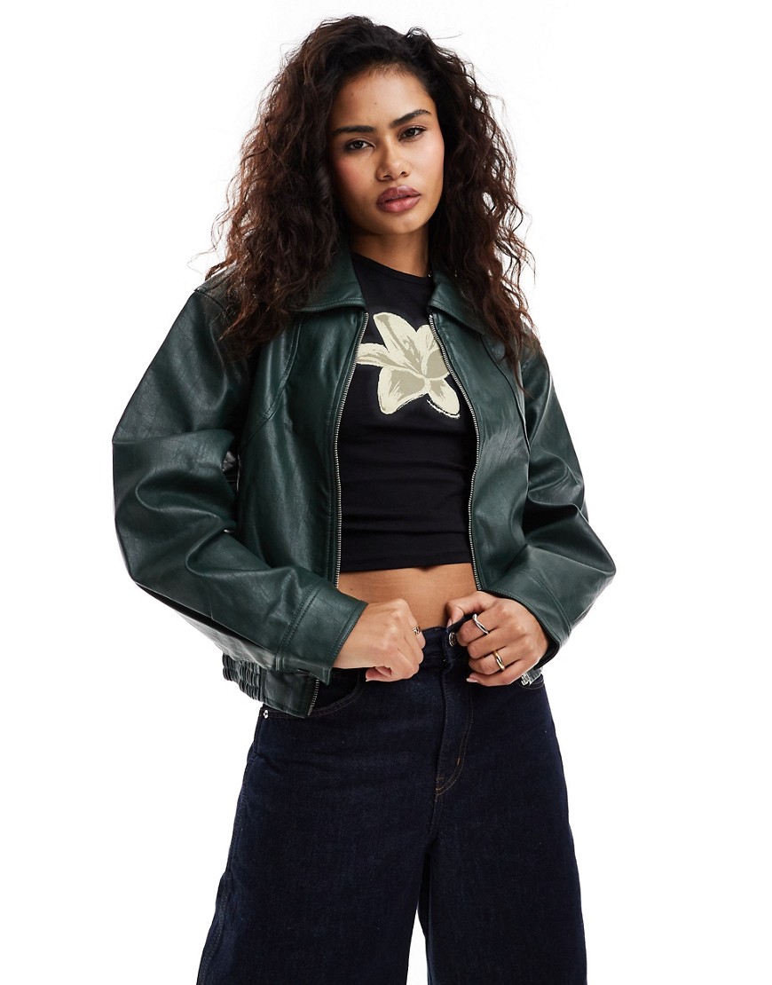 Moon River short leather bomber jacket with collar in dark green
