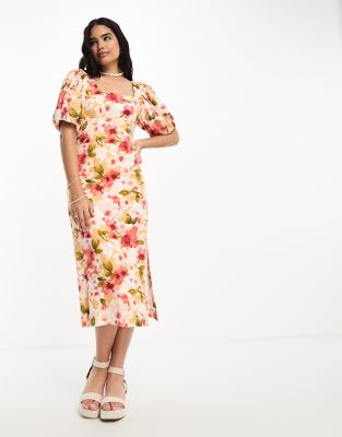 Moon River Floral Print Pleated Puff Sleeve Midi Dress In Orange Multi In Orange