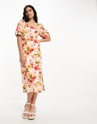 Forever New puff sleeve square neck midi dress in buttercup floral