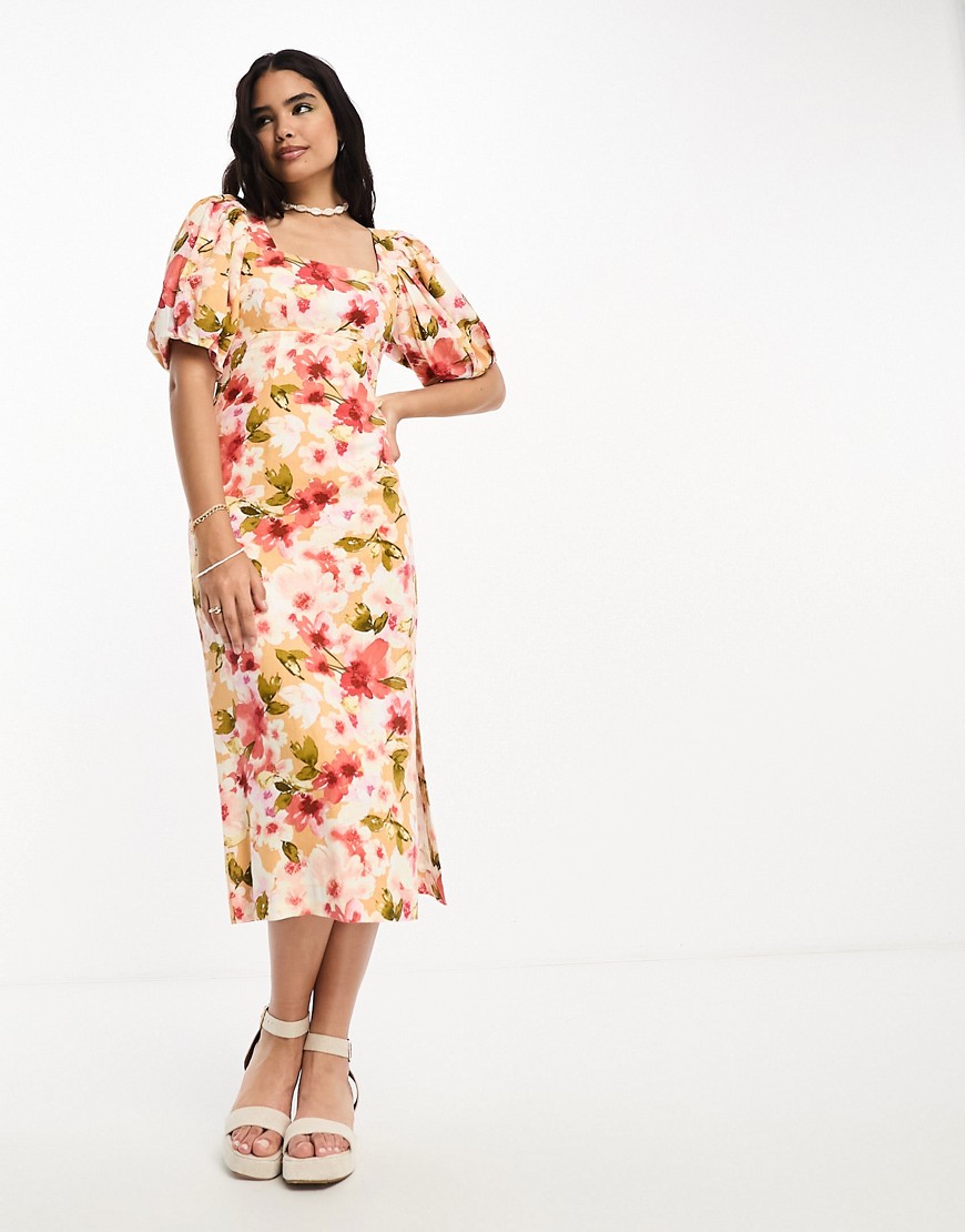 Moon River square neck puff sleeve midi dress in orange floral