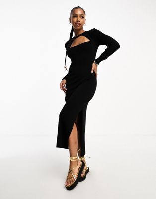 Moon River ribbed texture cut out knitted dress in black
