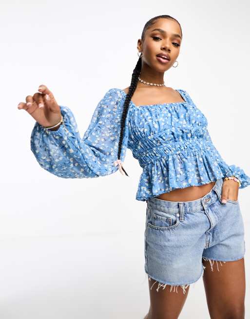 Moon River - Top met vierkante hals en lange pofmouwen in blauw met print