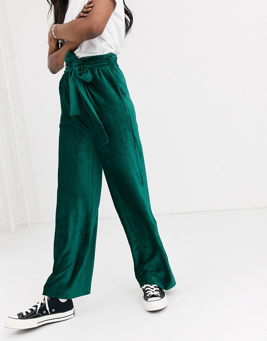 Moon River velvet cord tie waist wide leg trousers-Green