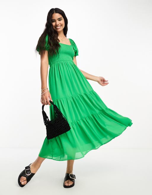 Moon River - Vestito midi stile grembiule a balze verde con maniche a sbuffo e arricciature