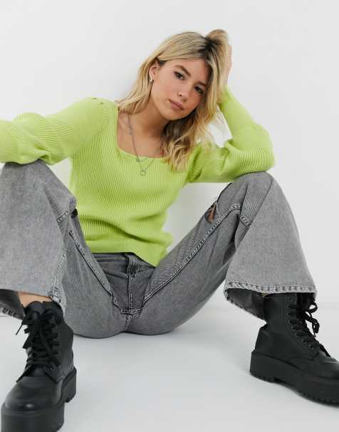 Moon River volume sleeve jumper in lime - view 1