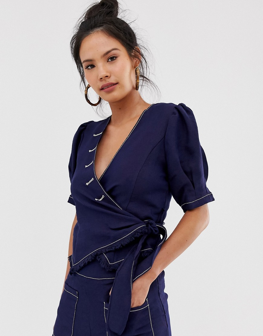 Moon River wrap blouse with contrast stitching-Navy