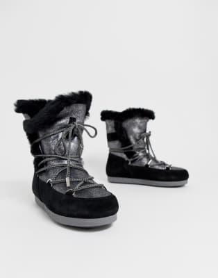 Moonboot - Hoge sneeuwlaarzen met schapenwol in zilver/zwart | ASOS