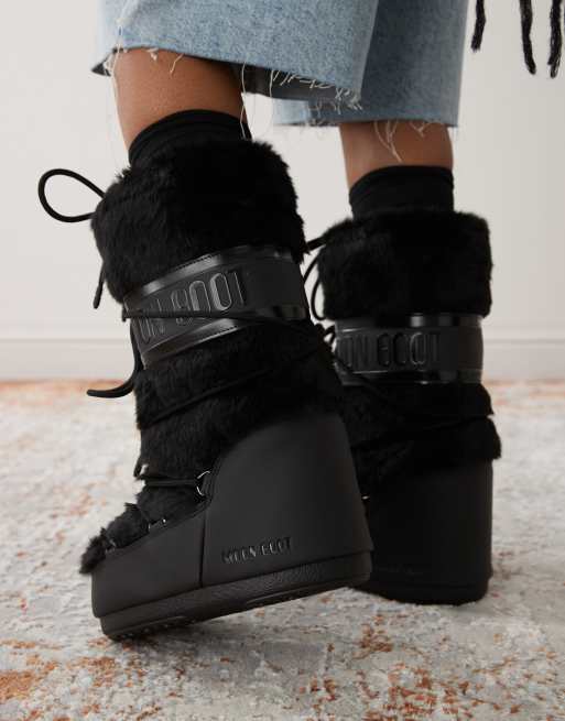 Moonboot Icon high faux fur boots in black | ASOS
