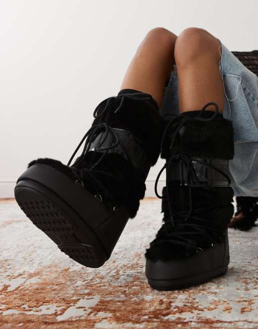 Moonboot Icon high faux fur boots in black | ASOS