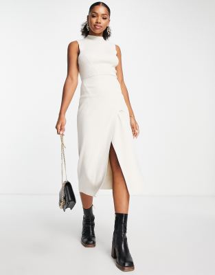 Morgan asymmetric sleeveless midi dress in stone-Neutral