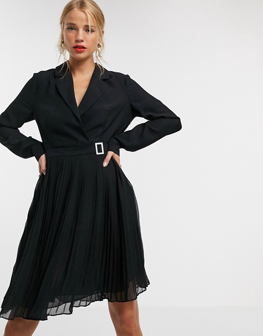 Morgan belted blazer dress with pleated skater skirt in black