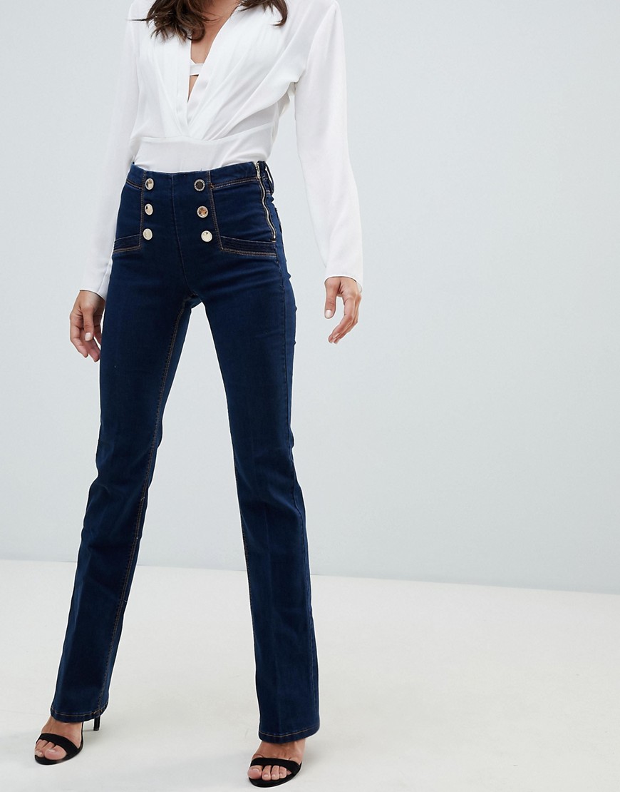 Morgan – Blå utsvängda jeans med hög midja och knappar