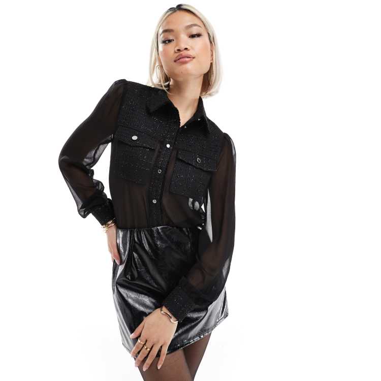 Morgan Blouse transparente à boutons dorés et finitions en tweed