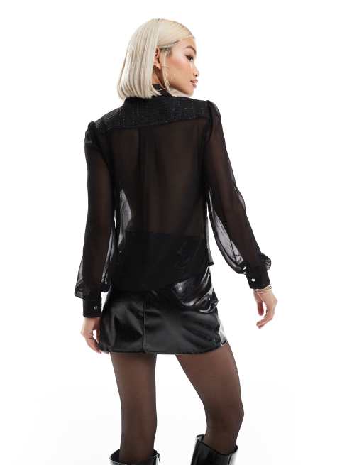 Morgan - Blouse transparente à boutons dorés et finitions en tweed contrastantes - Noir , 3 de 4
