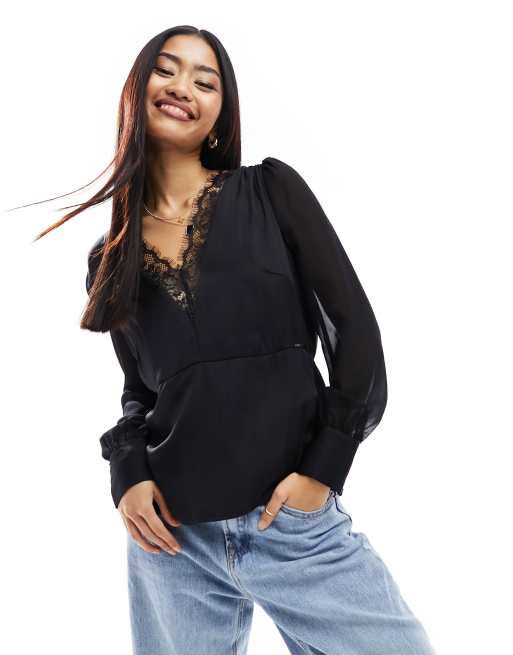 Morgan Blusa nera con maniche in chiffon e inserto in pizzo