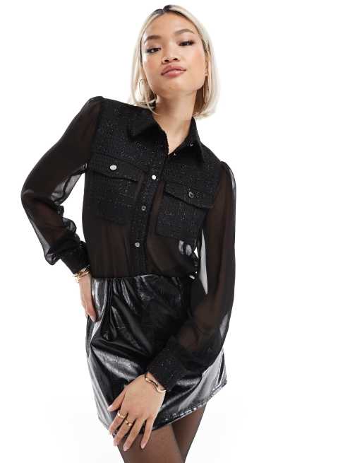 Morgan - Blusa nera trasparente con bottoni dorati e finiture in tweed a contrasto 
