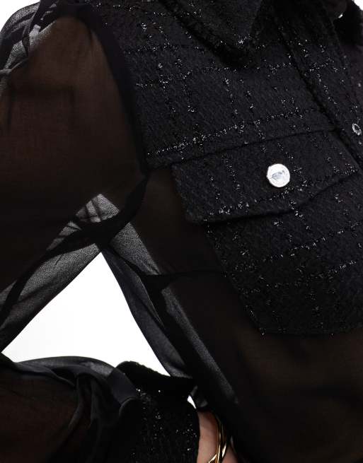 Morgan - Blusa nera trasparente con bottoni dorati e finiture in tweed a contrasto , 2 di 4