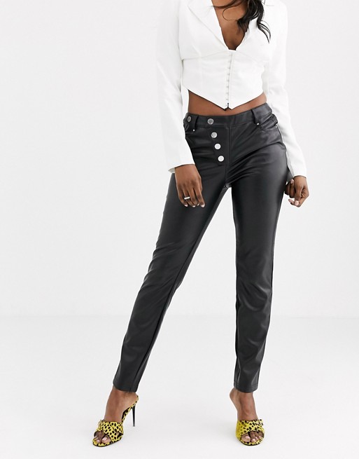 Morgan button detail pu cigarette pant with buttons in black