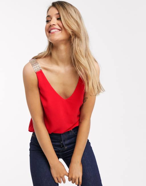 Morgan cami top with embellished strap in red ASOS