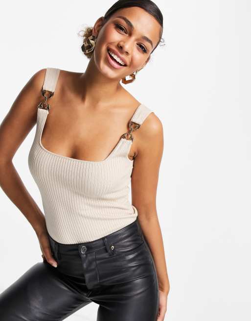 Morgan - Canotta in maglia a coste con fibbie color crema