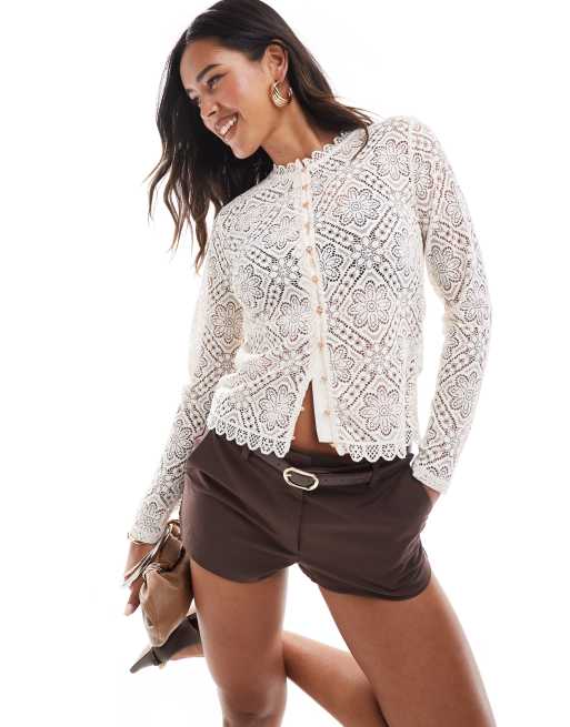Morgan - Cardigan a maniche lunghe in pizzo color crema con bottoni