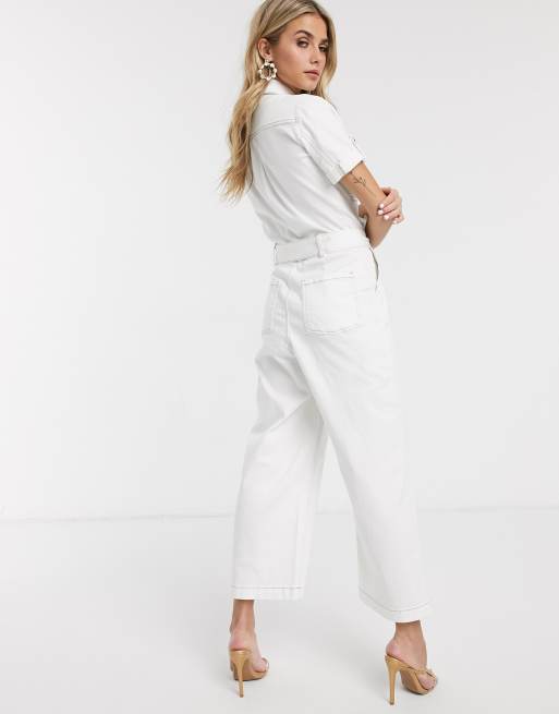 Morgan Contrast Stitch Denim Jumpsuit In White Asos