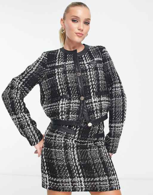 Morgan contrast trim pocket tweed jacket in black check part of a set