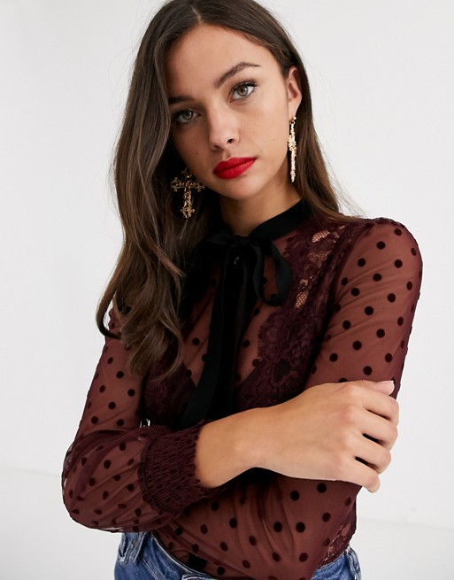 Morgan dotty lace trim sheer blouse with contrast tie detail in berry