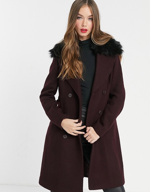 Morgan double breasted coat with faux fir collar detail in burgundy