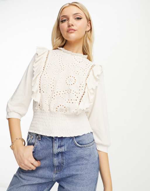 Morgan embroidered cutwork puff sleeve top in white | ASOS