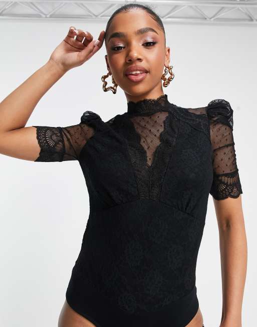 Tall Short Sleeve Eyelash Lace Bodysuit