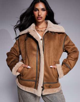 Morgan faux suede shearling jacket in tan-Brown