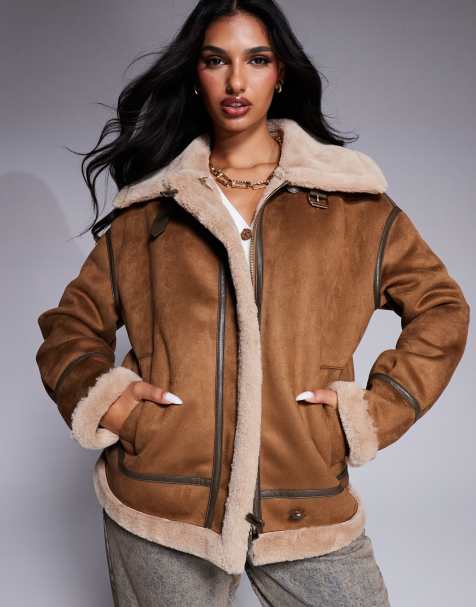 Morgan faux suede shearling jacket in tan - view 1