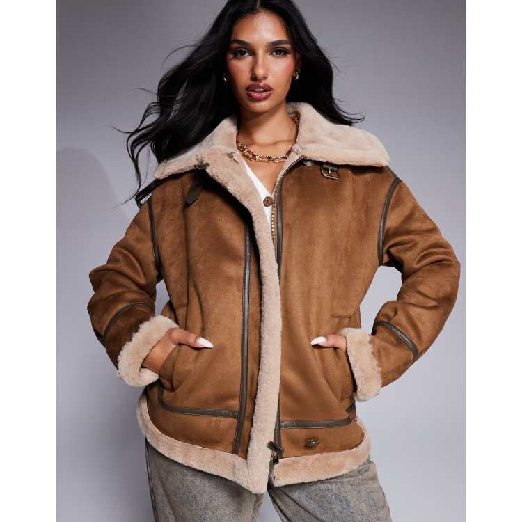 Morgan faux suede shearling jacket in tan