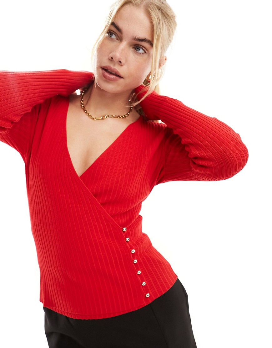 Morgan fine ribbed top with gold hardwear detail in red