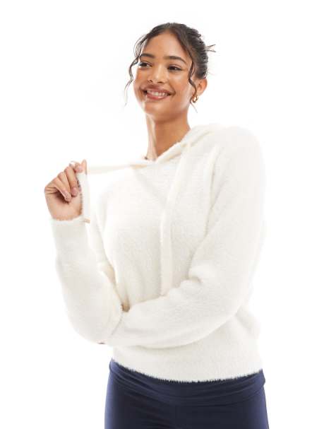 Morgan fluffy knit drawstring hoodie in ivory - view 1