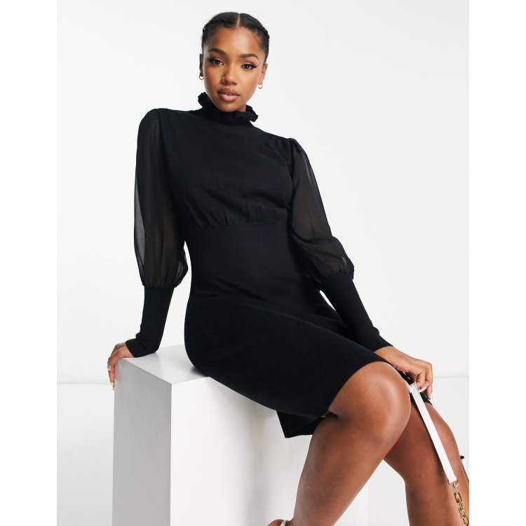 Morgan frill neck sheer sleeve mini bodycon dress in black