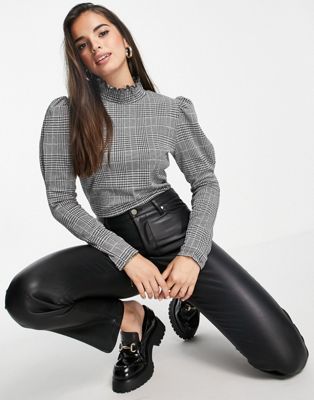 Morgan frilly high neck top in grey houndstooth print