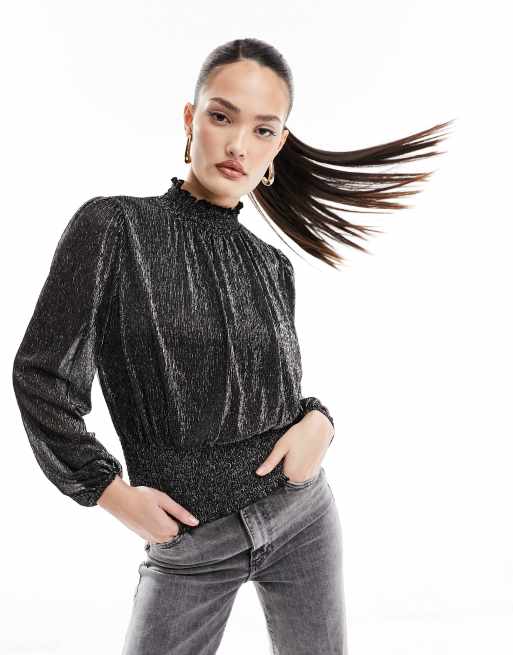Morgan - Gesmokte hoogsluitende top met glitter in zwart