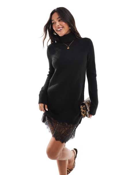 Morgan – Gestricktes Mini-Pulloverkleid in Schwarz mit Rollkragen und abgesetztem Spitzensaum - view 1