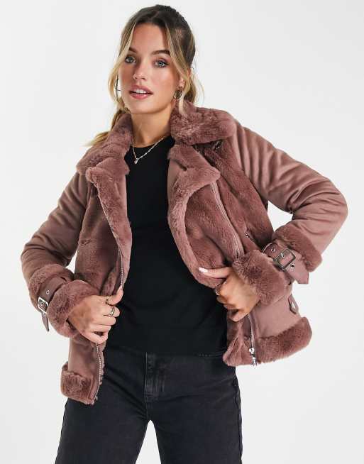 Morgan - Giacca in pelliccia sintetica effetto montone rosa con cerniera lampo , 2 di 4