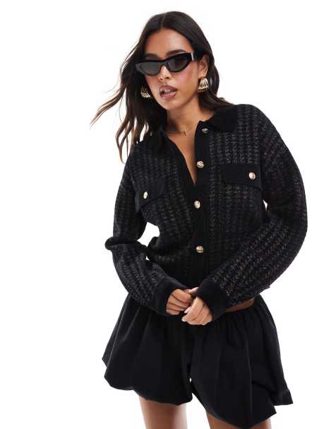Morgan - Gilet en maille avec poche et boutons dorés - Noir pied-de-poule - view 1