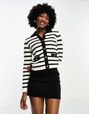 Morgan collar detail textured cardigan in black and white stripe - ASOS Price Checker