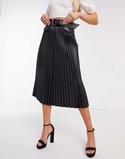 Morgan - Gonna midi a pieghe in ecopelle PU nera con cintura