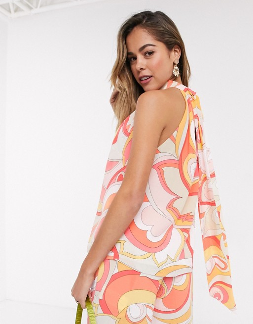 Morgan high neck blouse in coral swirl print